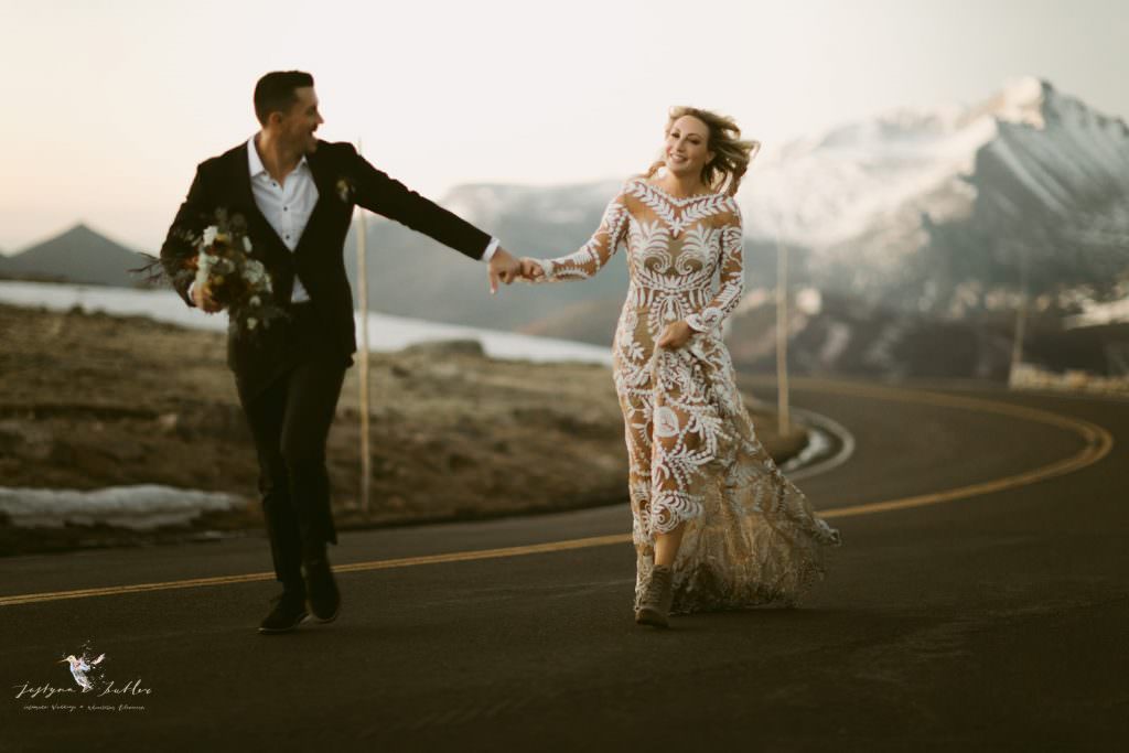 Windblown wedding dress during a Colorado mountain elopement