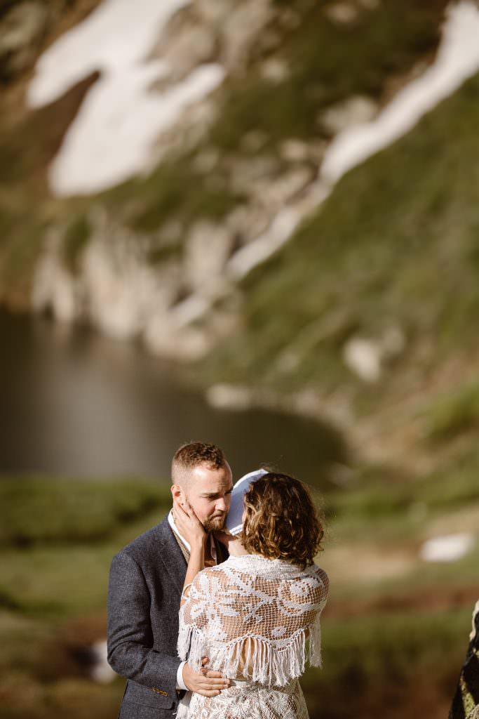 Colorado Adventure Elopement Hiking, The bride and a groom, adventurous souls are hiking at sunrise with headlamps to elope at alpine lake here in Colorado trails. Photos by Justyna E Butler Photography, Colorado Adventure Elopement photographer, a light chaser for boho brides who love adventures