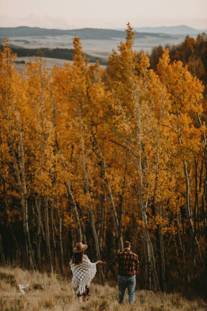 Colorado adventure engagement couple walking through golden aspens at Kenosha Pass in the fall