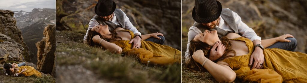 Colorado elopement photographer captures intimate mountain adventure wedding at golden hour, bride in flowing yellow dress with groom.
