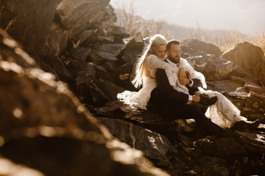 Romantic Blue Lakes Breckenridge elopement portraits at sunset.