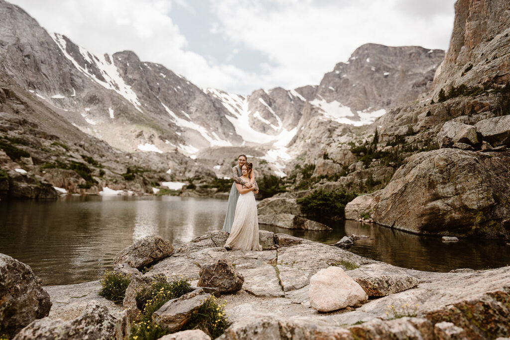 Romantic alpine lake elopement in Colorado at Chasm Lake, RMNP