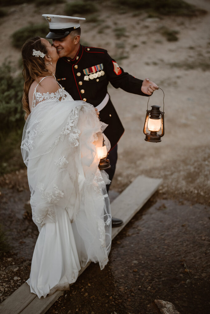 Blue hour portraits overlooking the Rocky Mountains near Breckenridge with lanterns.