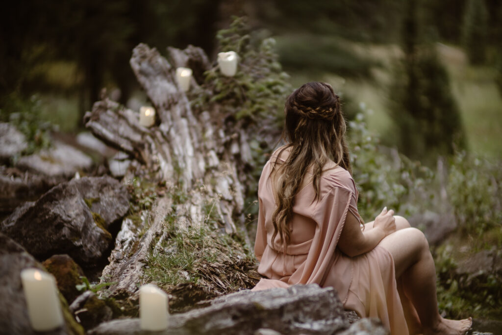 Romantic Colorado waterfall elopement in a secluded forest near Crested Butte.
