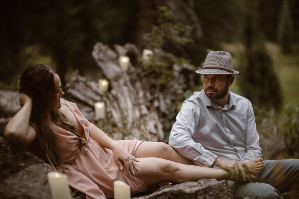 Romantic Colorado waterfall elopement in a secluded forest near Crested Butte.